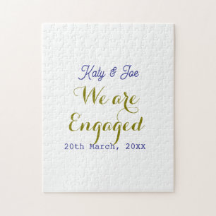 We are Engaged purple gold name date elegant simpl Jigsaw Puzzle