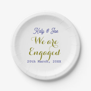 We are Engaged purple gold name date elegant simpl Paper Plates