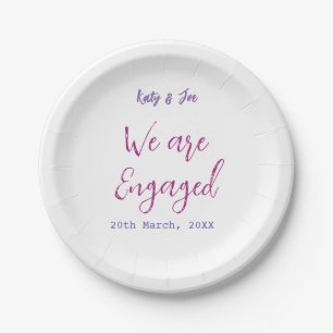We are Engaged purple pink name date elegant simpl Paper Plates