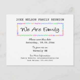 We Are Family Reunion or Party Save the Date Announcement Postcard