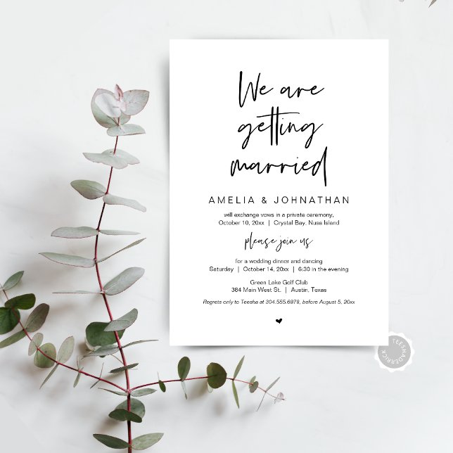 We are getting married, Elopement Dinner Dancing Invitation (We are getting married, Elopement Brunch, Dinner, Party and Dancing, Post wedding Invitation Card)