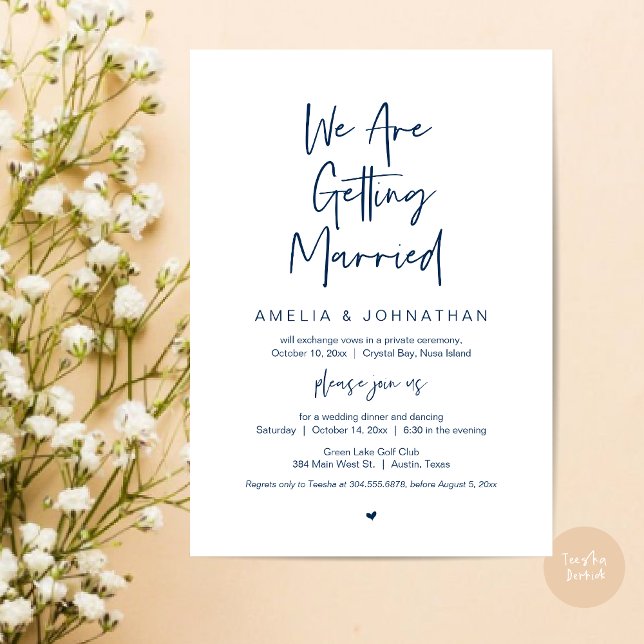 We are getting married, Elopement Dinner Dancing Invitation (We are getting married, Elopement Dinner Dancing Lunch Brunch Invitation Card, PDF, Navy Blue)