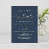 We Are Going Virtual Navy & Gold Wedding Photo Invitation (Standing Front)