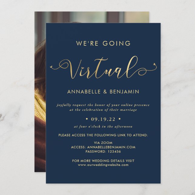 We Are Going Virtual Navy & Gold Wedding Photo Invitation (Front/Back)