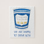 We Are Happy to Serve You Greek Coffee Cup Puzzle<br><div class="desc">Features an original marker illustration of a blue Greek diner coffee cup,  with WE ARE HAPPY TO SERVE YOU in a fun font.</div>