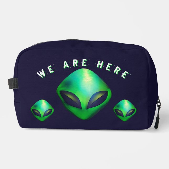 "We Are Here" Green Alien head Dopp Kit (Front)