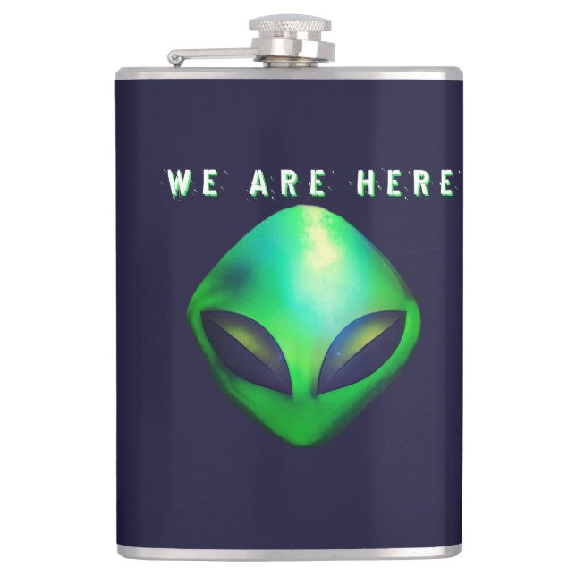 "We Are Here" Green Alien head Flask (Front)