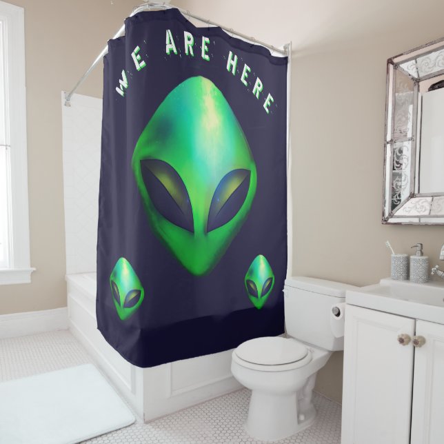 "We Are Here" Green Alien head Shower Curtain (In Situ)