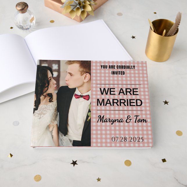 We Are Married Personalized– White and Pink Checks Guest Book (Front Open)