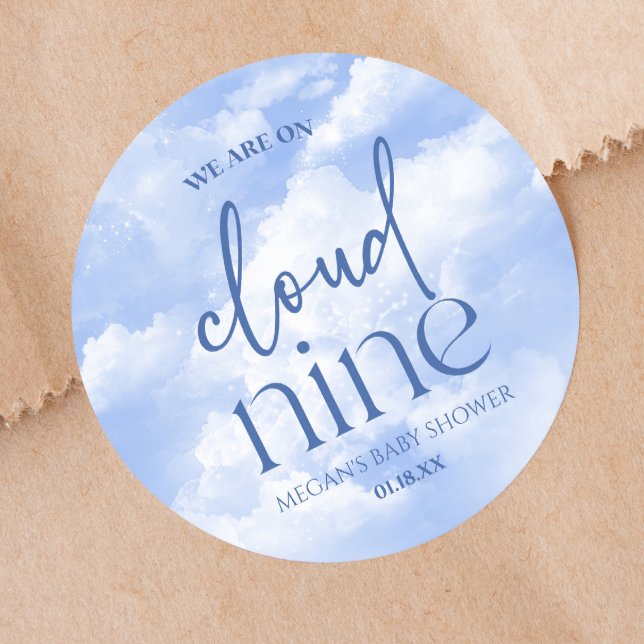 We Are On Cloud Nine Blue Baby Shower Classic Round Sticker (Creator Uploaded)