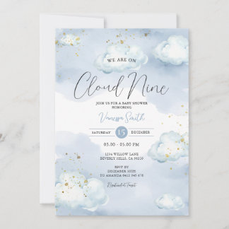 We Are On Cloud Nine Blue Baby Shower Gold Glitter Invitation
