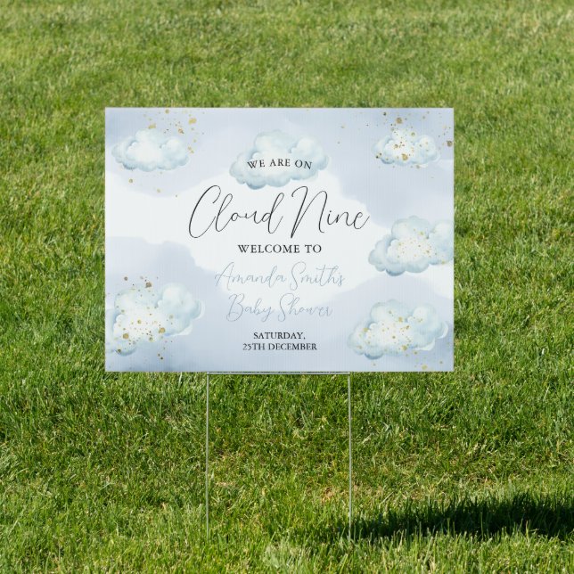 We Are On Cloud Nine Blue Baby Shower Welcome Yard Sign (Insitu)
