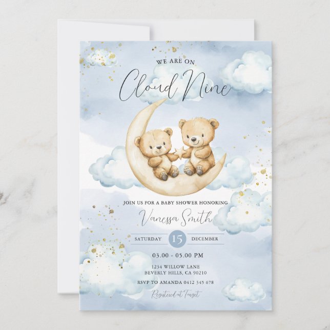 We Are On Cloud Nine Blue Bear Baby Shower  Invitation (Front)