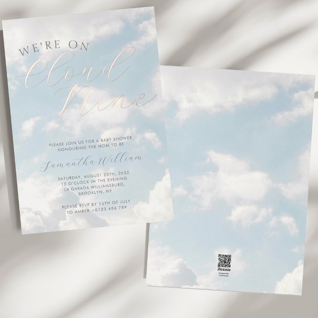We Are On Cloud Nine Blue Clouds Baby Shower Foil Invitation (Creator Uploaded)