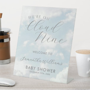 We Are On Cloud Nine Blue Clouds Baby Shower Pedestal Sign