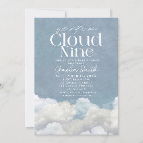 We are on Cloud Nine dusty Blue Cloud Baby Shower Invitation