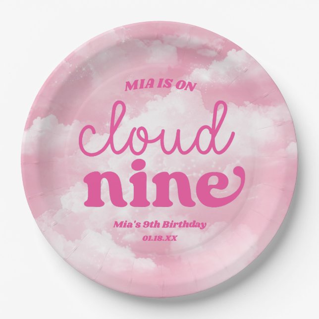 We Are On Cloud Nine Pink 9th Ninth Birthday Party Paper Plates (Front)