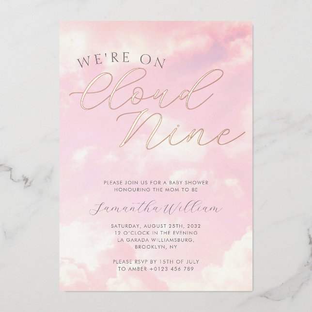 We Are On Cloud Nine Pink Clouds Baby Shower Foil Invitation (Front)