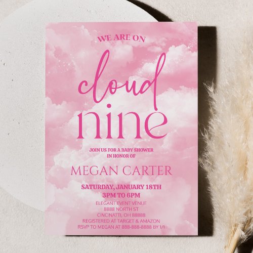 We Are On Cloud Nine Pink Clouds Baby Shower Invitation