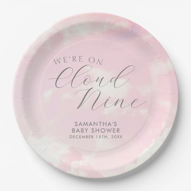 We Are On Cloud Nine Pink Clouds Baby Shower Paper Plates (Front)
