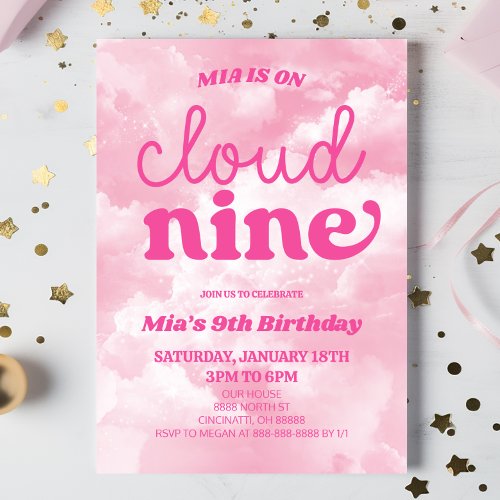 We Are On Cloud Nine Pink Ninth 9th Birthday Party Invitation