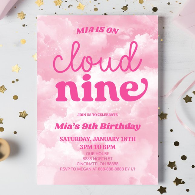 We Are On Cloud Nine Pink Ninth 9th Birthday Party Invitation (Creator Uploaded)