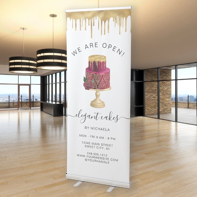 We Are Open Bakery Burgundy Gold Foil Cake Retractable Banner (Creator Uploaded)
