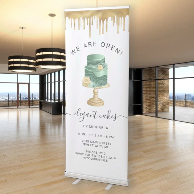 We Are Open Bakery Mint Green Gold Foil Cake Retractable Banner (Creator Uploaded)