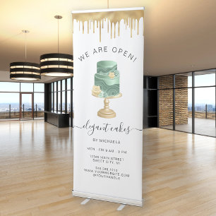 We Are Open Bakery Mint Green Gold Foil Cake Retractable Banner