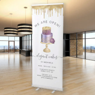We Are Open Bakery Purple Gold Foil Cake Retractable Banner