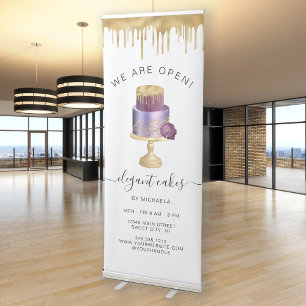 We Are Open Bakery Purple Gold Foil Cake Retractable Banner