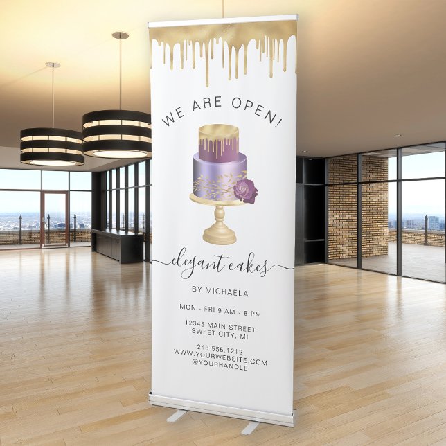 We Are Open Bakery Purple Gold Foil Cake Retractable Banner (Creator Uploaded)