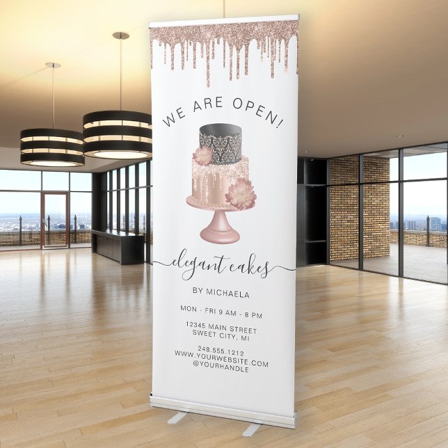 We Are Open Bakery Rose Gold Glitter Cake Retractable Banner (Creator Uploaded)