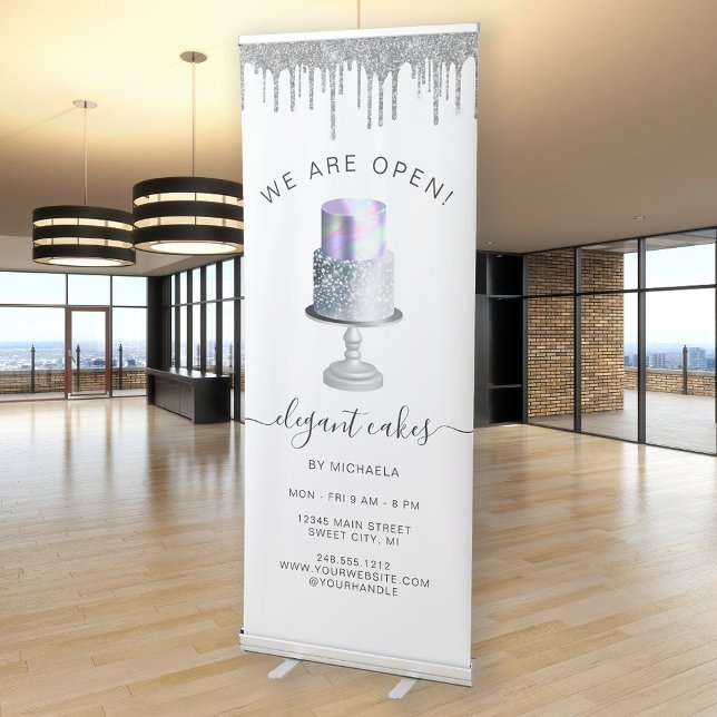 We Are Open Bakery Silver Glitter Turquoise Cake R Retractable Banner (Creator Uploaded)
