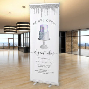 We Are Open Bakery Silver Glitter Turquoise Cake Retractable Banner