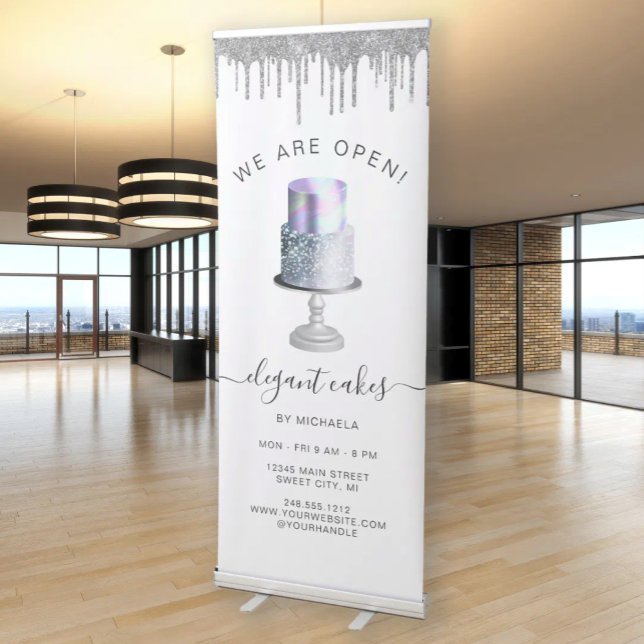 We Are Open Bakery Silver Glitter Turquoise Cake Retractable Banner (Creator Uploaded)