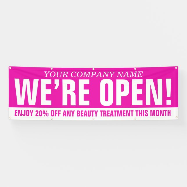 We are open beauty business pink white signage banner (Horizontal)