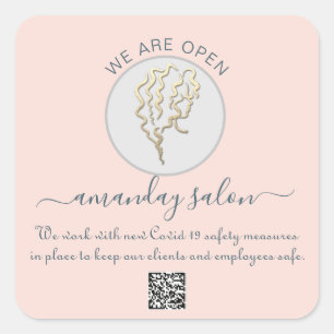 We Are Open Beauty Salon Hair Logo Rose QR CODE Square Sticker