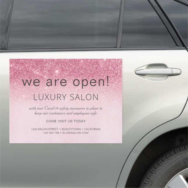 We Are Open Blush Pink Girly Glitter Salon Car Magnet (In Situ)