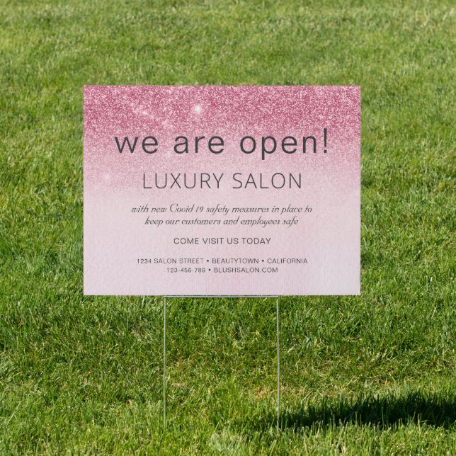 We Are Open Blush Pink Glitter Salon Sign (Insitu)