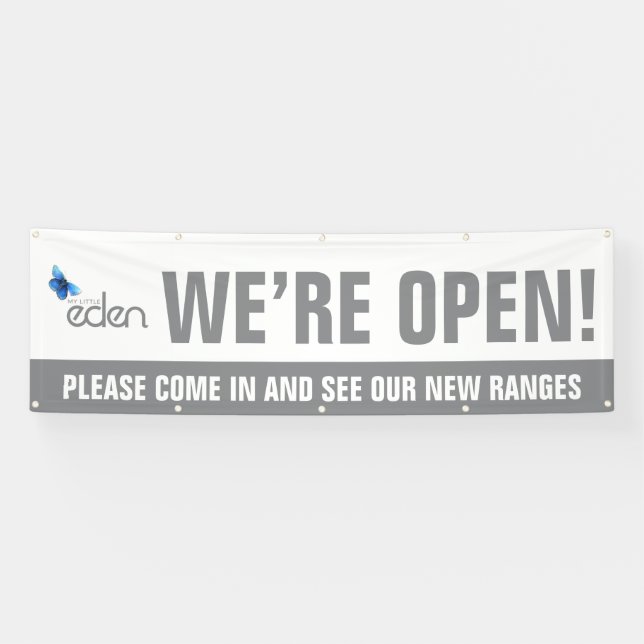 We are open business gray logo and message banner (Horizontal)