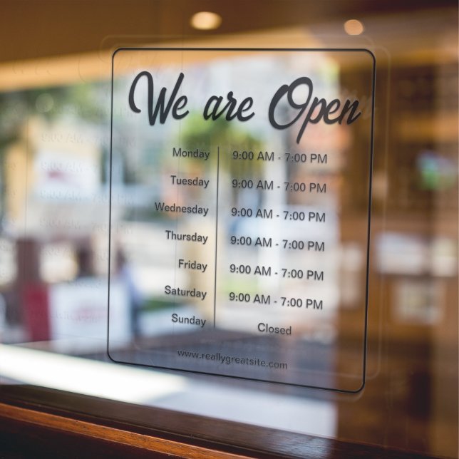 We are open Business Hours Time Black Script Window Cling (Creator Uploaded)