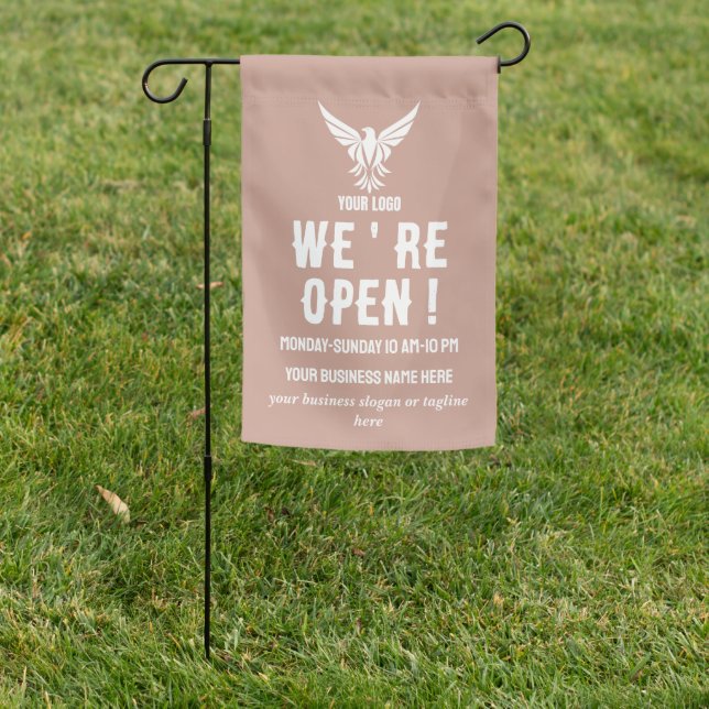  We Are Open Business Logo Garden Flag (In SItu)