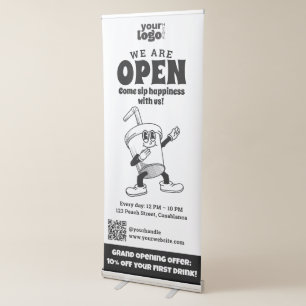 We Are Open Coffee Shop Drinks Qr Code Black White Retractable Banner