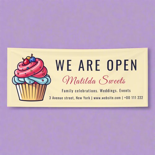 We are open Cute Colorful Cupcake Sweets Desserts  Banner