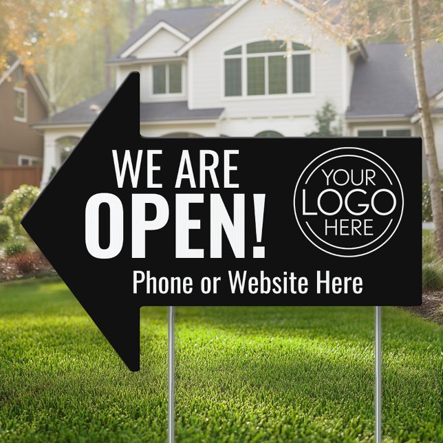 We are Open - logo website phone number black Sign (Custom Open of Business Sign with Logo - Sale Sign)