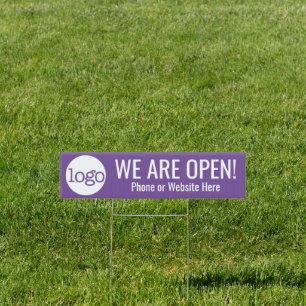 We are Open - logo website phone number purple Sign