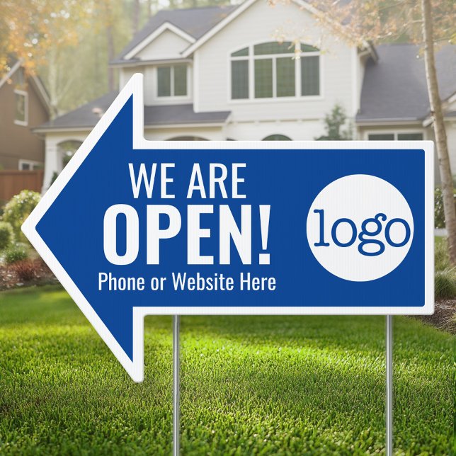 We are Open - logo website phone number royal blue Sign (Custom Open of Business Sign with Logo - Sale Sign)