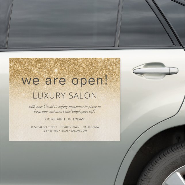 We Are Open Luxury Gold Girly Glitter Modern Salon Car Magnet (In Situ)