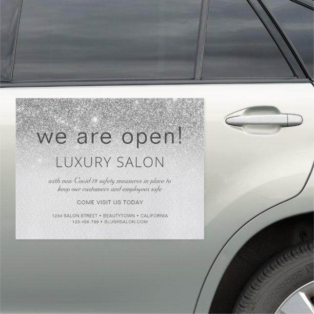 We Are Open Luxury Silver Girly Glitter Glam Salon Car Magnet (In Situ)